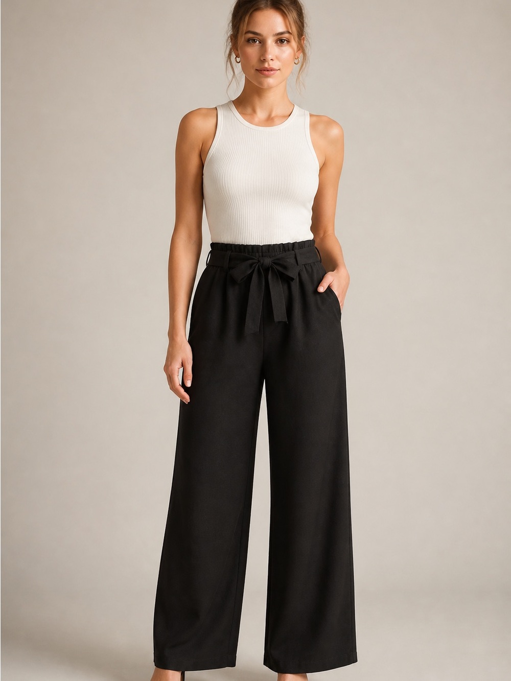 Paperbag Waist Black Wide-Leg Pants with Tie